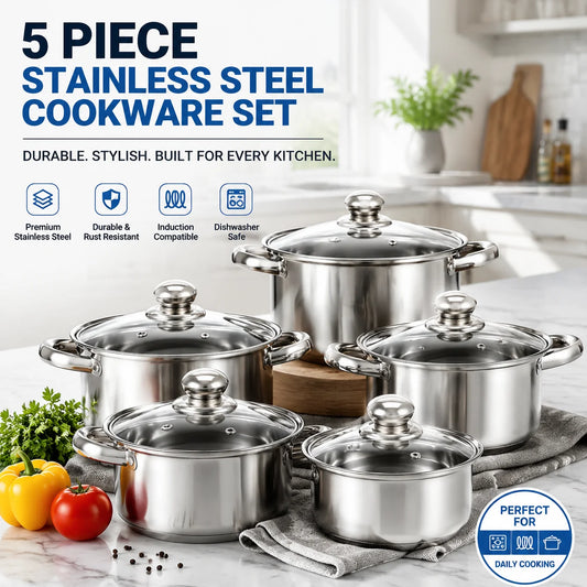 5 Piece Stainless Steel Pots & Pans Set with Glass Lids – Saucepan & Stock Pot Starter Set – Perfect for Induction & Everyday Home Cooking