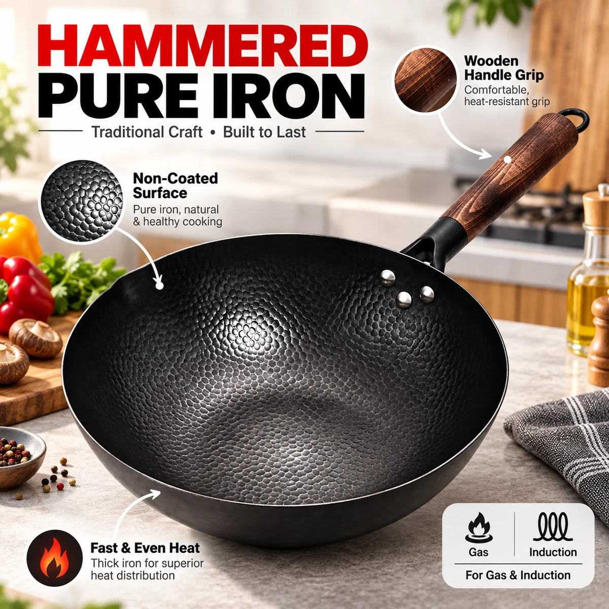 Pure Iron Wok with Wooden Cover – Non-Coated Round Stir-Fry Wok for Gas & Induction – Great for Stir-Fries & Family Meals (32cm)