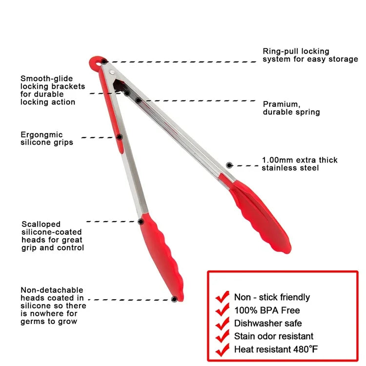 Locking Silicone Kitchen Tongs with Stainless Steel Handles – Non-Stick BBQ & Cooking Tongs – Best for Grilling, Frying & Serving – Available in Black & Red, 9 or 12 Inch