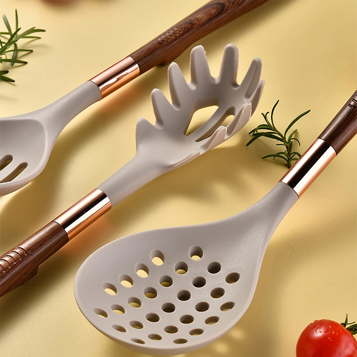 7-Piece Silicone Kitchen Utensil Set – Rose Gold Accents with Wood-Pattern Handles, Heat-Resistant for Non-Stick Cookware