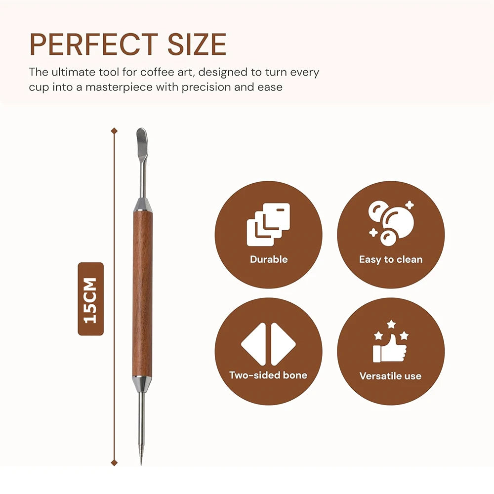 Stainless Steel Latte Art Pen with Wooden Handle – Coffee Decorating Needle – Perfect for Cappuccino Art, Hearts & Swirls