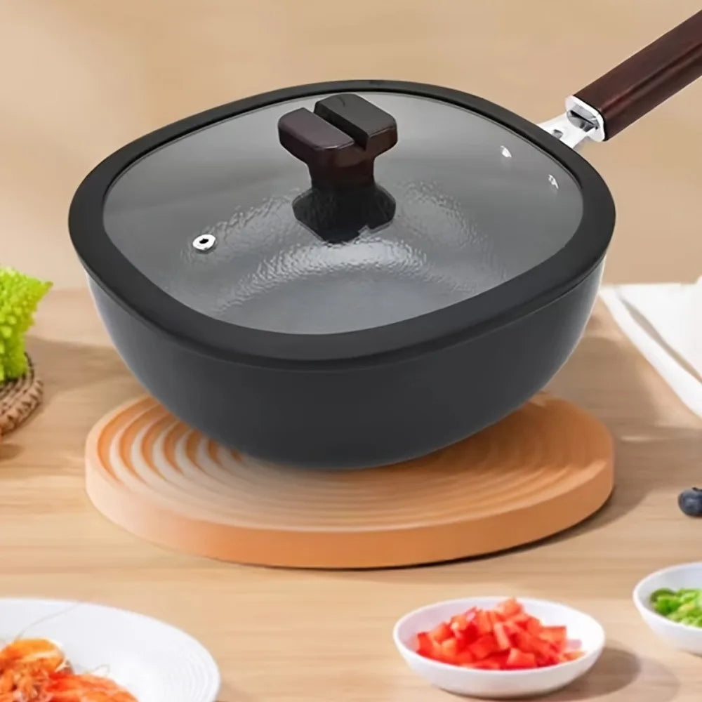 24cm Refined Iron Square Deep Frying Pan with Glass Lid & Wooden Handle – No Coating, Flat Bottom, Deep Wok-Style Stir Fry Pan, Great Cookware for Frying, Boiling, and Stir-Frying