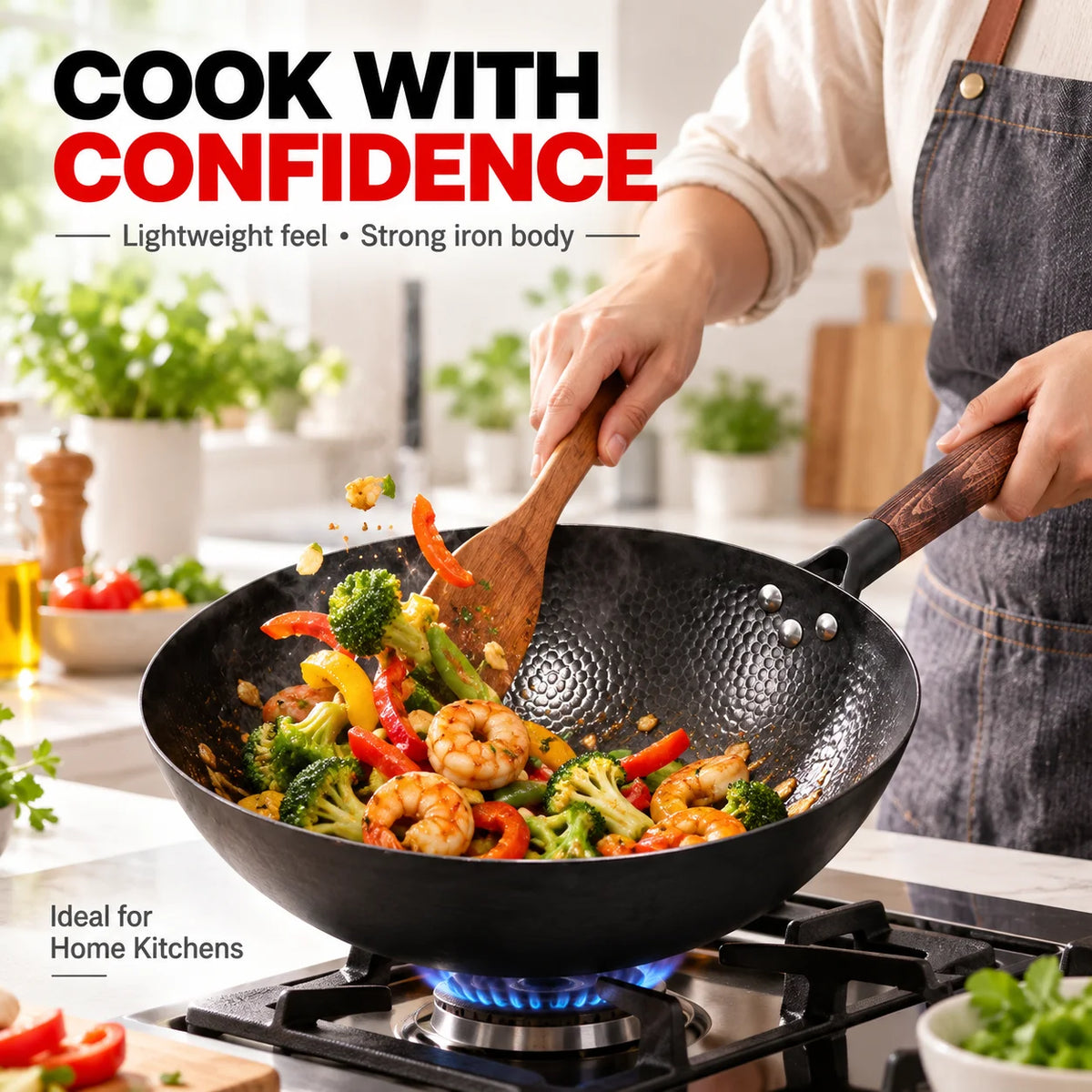 Pure Iron Wok with Wooden Cover – Non-Coated Round Stir-Fry Wok for Gas & Induction – Great for Stir-Fries & Family Meals (32cm)