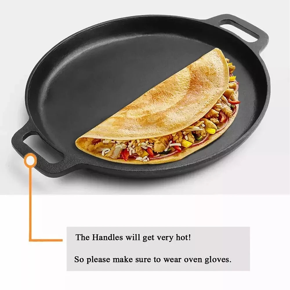 Cast Iron Double Handle Frying Pan with Gloves – Non-Stick Grill Skillet, Pancake & Pizza Pan – Perfect for Home & Outdoor Camping (28cm)