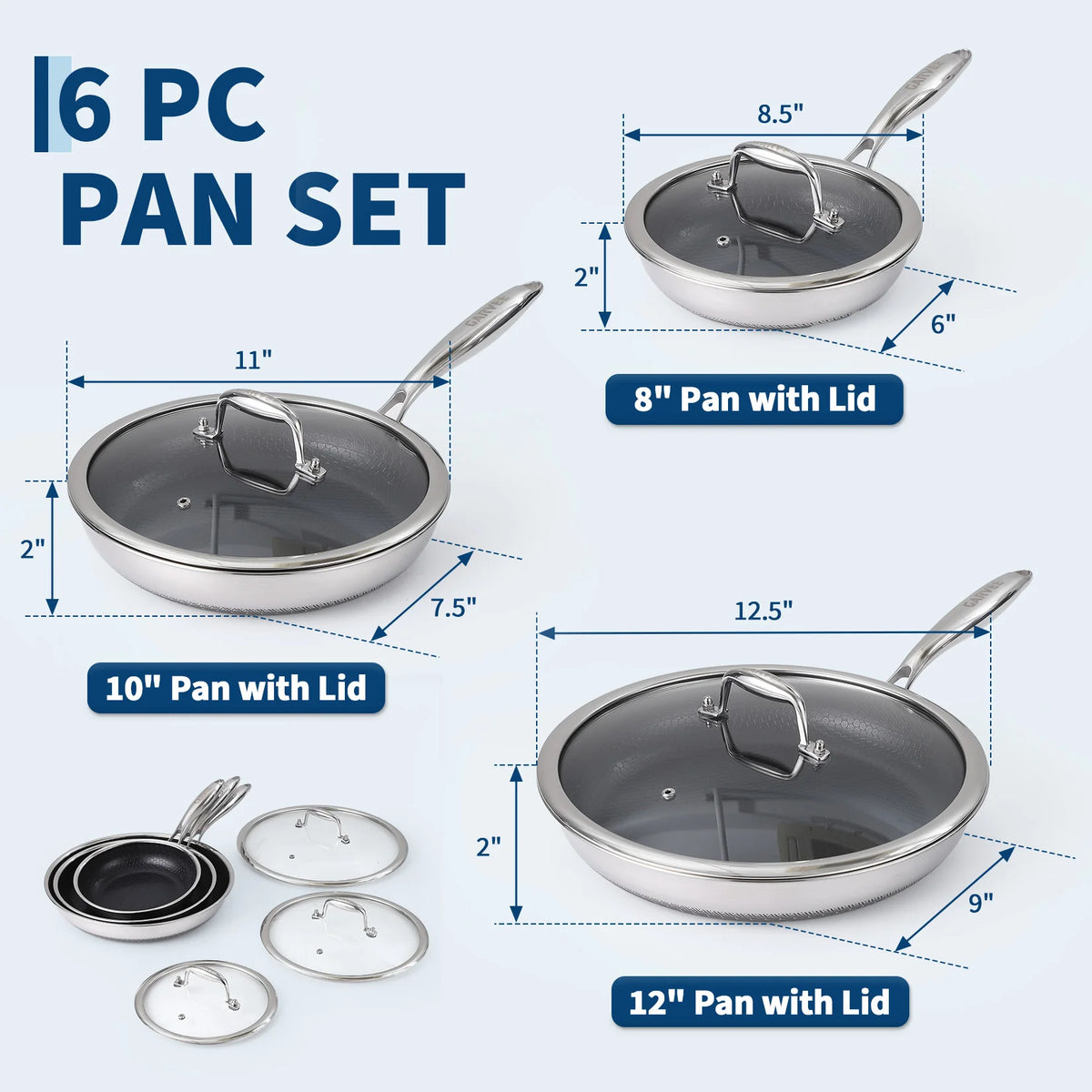 Honeycomb Tri-Ply Stainless Steel Non-Stick Frying Pan Set with Lids – 6 Piece Stackable Skillets 20cm, 25cm & 30cm – Great for Induction, Oven & Everyday Frying