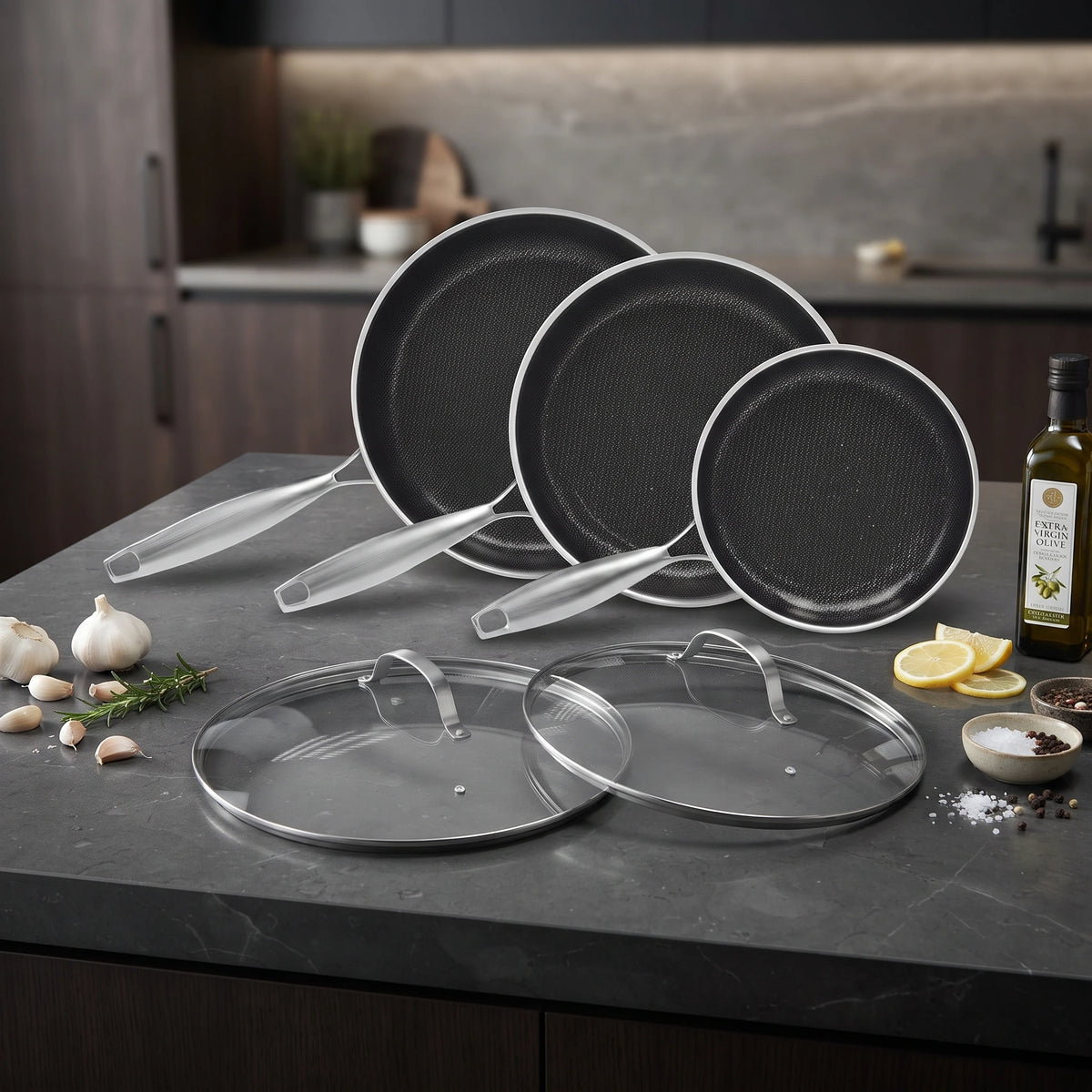 3 Piece Titanium Frying Pan Set with Lids – Tri-Ply Clad Uncoated Non-Stick Skillets 20cm, 26cm & 28cm – Best for Metal Utensils & Healthy Cooking