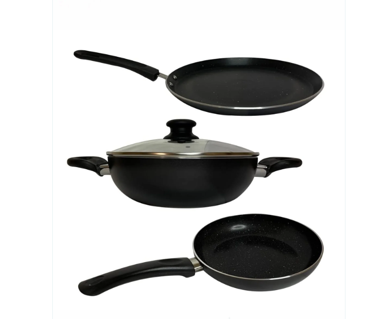 Non-Stick Set Tawa + Kadai + Frying Pan with Lid 1pc Multipurpose Black