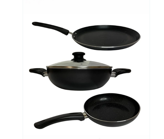 Non-Stick Set Tawa + Kadai + Frying Pan with Lid 1pc Multipurpose Black