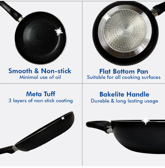 Non-Stick Set Tawa + Kadai + Frying Pan with Lid 1pc Multipurpose Black