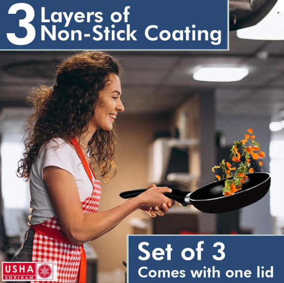 Non-Stick Set Tawa + Kadai + Frying Pan with Lid 1pc Multipurpose Black