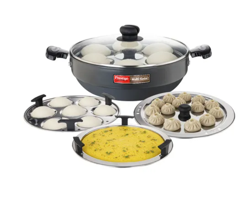 Hard Anodised Induction Base Multi Kadai with Glass Lid, Dhokla Plate, Patra Plate, Idli Plates (Black) 28 cm