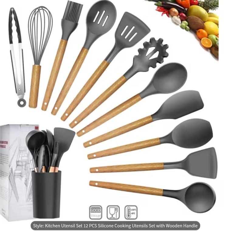 12-Piece Silicone Cooking Utensils Set with Wooden Handles