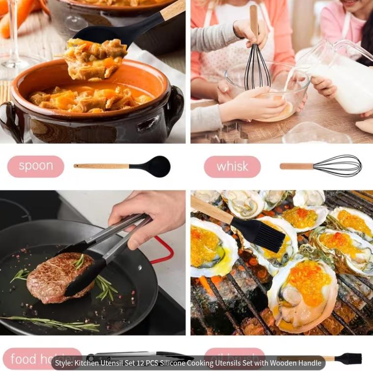 12-Piece Silicone Cooking Utensils Set with Wooden Handles