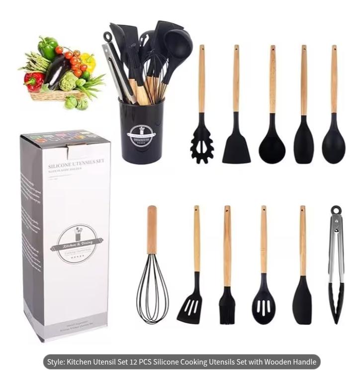 12-Piece Silicone Cooking Utensils Set with Wooden Handles