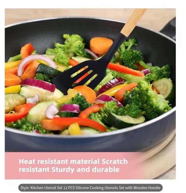 12-Piece Silicone Cooking Utensils Set with Wooden Handles