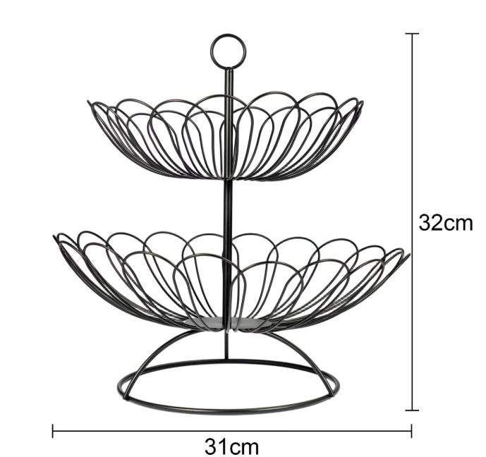 2-Tier Black Metal Fruit Basket with Vintage Swirl Design