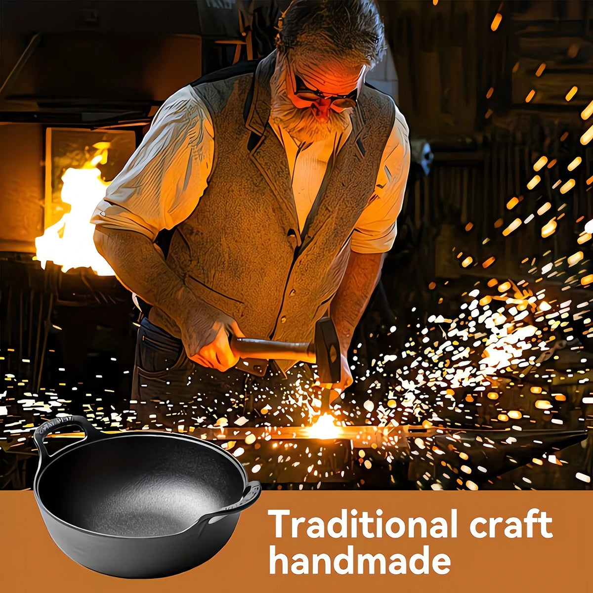 Cast Iron Wok with Double Handles – Traditional Handmade Uncoated Pre-Seasoned Stir-Fry Pot – Best for Stir-Fries, Stews & Campfire Cooking (27cm)