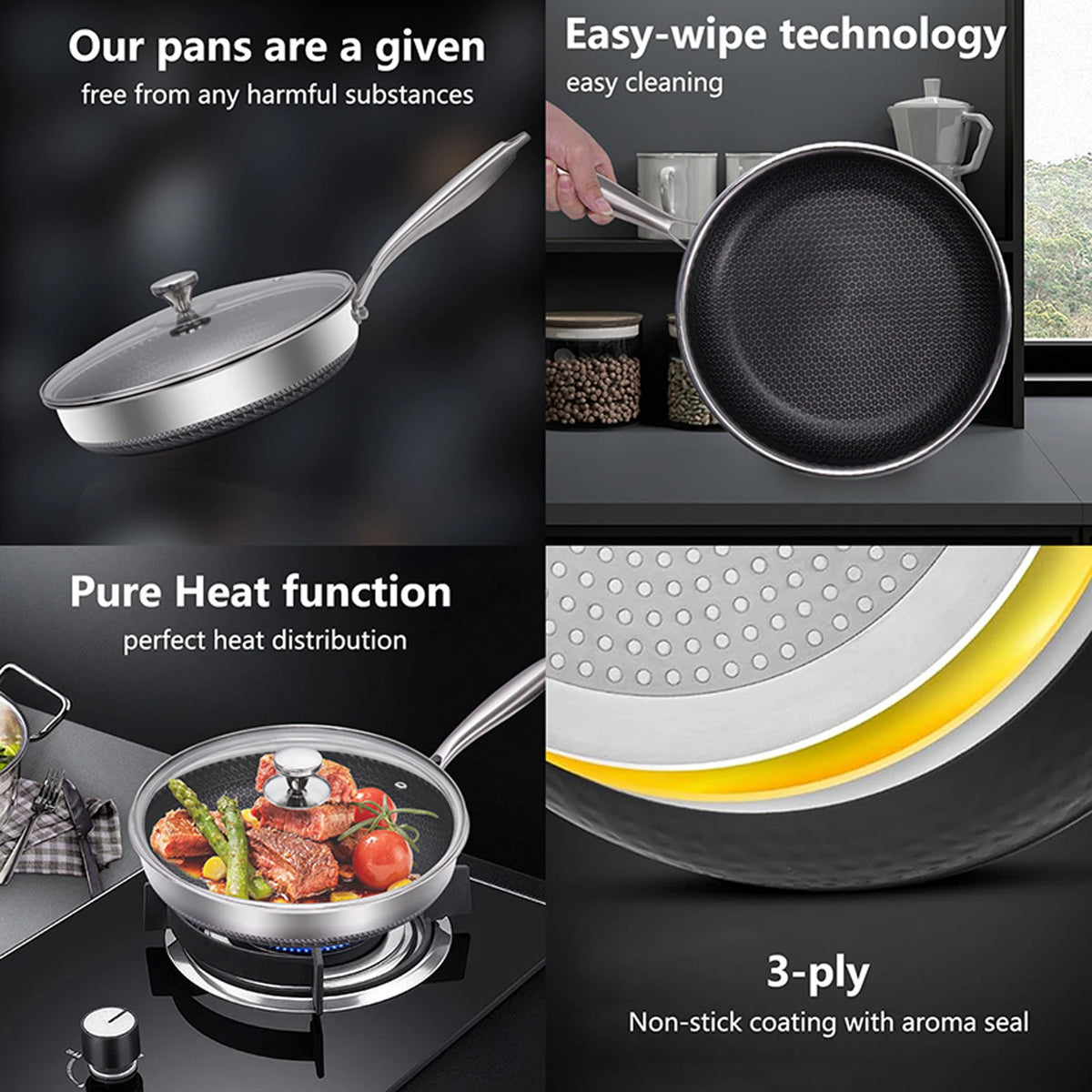 Honeycomb 316 Stainless Steel Non-Stick Frying Pan with Lid – Multi-Layer Clad Induction Skillet – Best for Eggs, Fish & Searing (30cm)