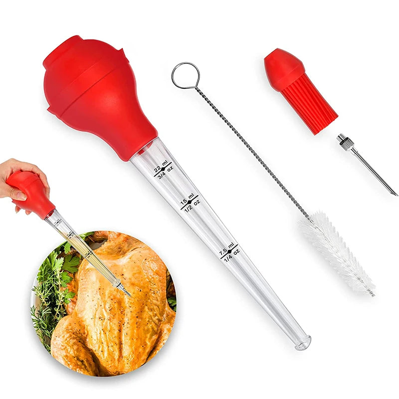 Stainless Steel Turkey Baster with Basting Brush & Injector Needle – Meat Baster Syringe – Great for Roasting Turkey, Chicken & BBQ – Available in Black & Red Colours