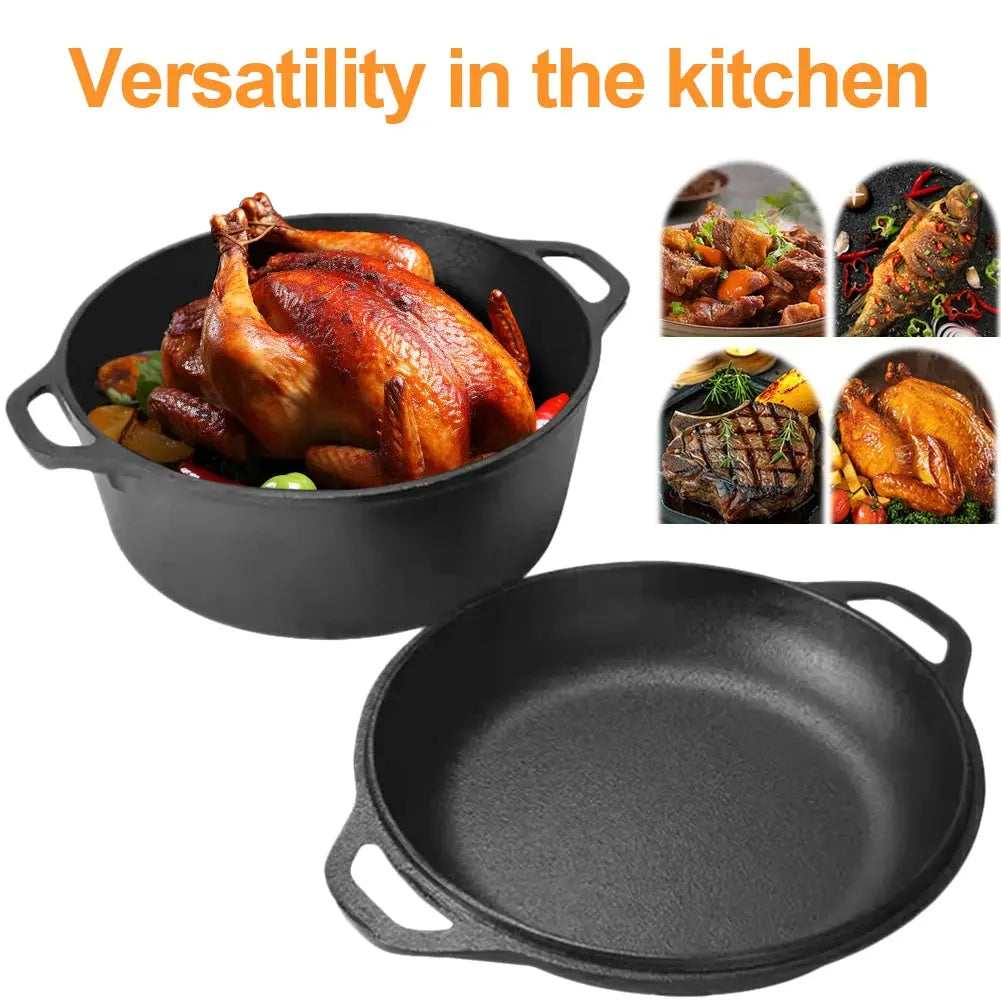 Pre-Seasoned Cast Iron 2-in-1 Dutch Oven Pot & Skillet – Multi-Purpose Cookware Set with Dual Handles for Baking Bread, Frying, Stewing, Camping & BBQ