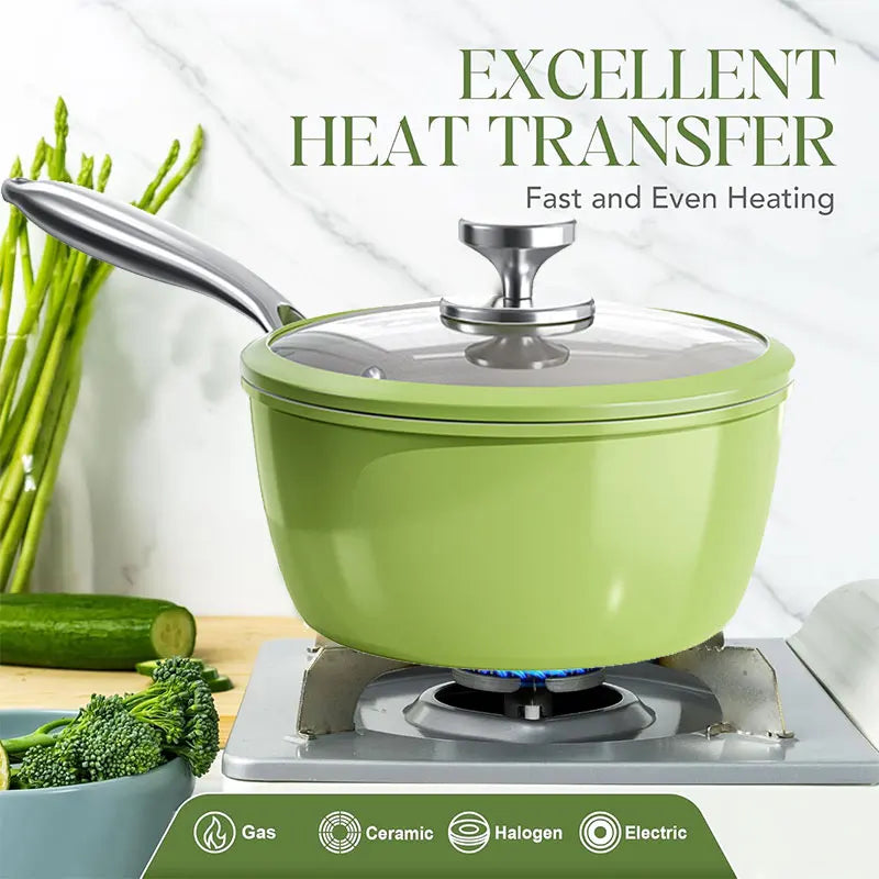 Green Ceramic Non-Stick Saucepan with Glass Lid & Stainless Steel Handle – Compatible with Induction and Gas Stoves, Ideal for Boiling Soup, Making Noodles, and Heating Milk, Available in 18cm/20cm