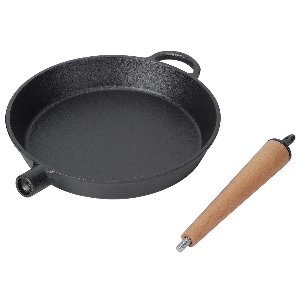 Pre-Seasoned Black Cast Iron Frying Pan Skillet with Removable Wooden Handle – Heavy-Duty Steak Pan for Searing, Frying & Sautéing