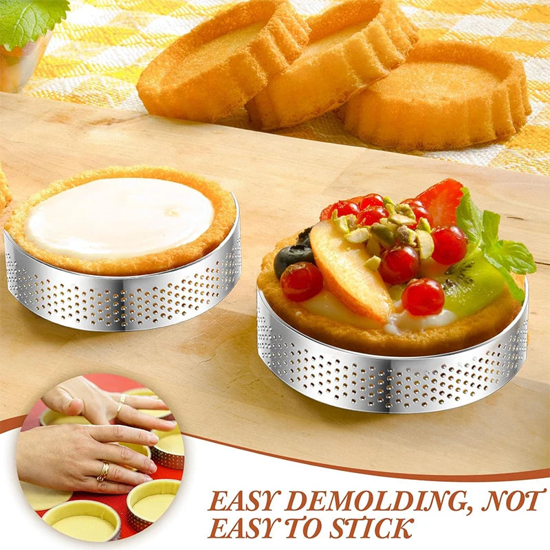 12 Piece Perforated Stainless Steel Tart Rings – Non-Stick Round Cake & Mousse Rings – Ideal for Tarts, Mousse Cakes & Desserts