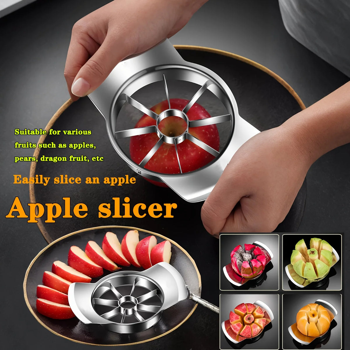 Stainless Steel Fruit Slicer & Peeler – Apple, Orange & Citrus Cutting Gadget – Best for Quick Fruit Prep & Snacks