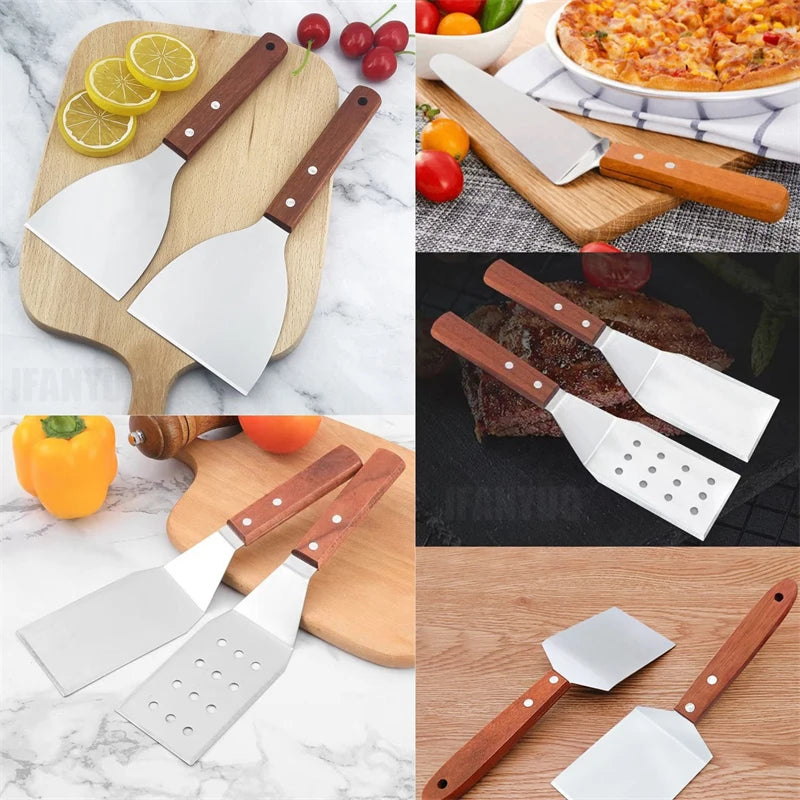Stainless Steel Griddle Spatula & Grill Scraper with Wooden Handle – Square Head Burger Turner & Pizza Shovel – Perfect for BBQ, Steaks & Pancakes