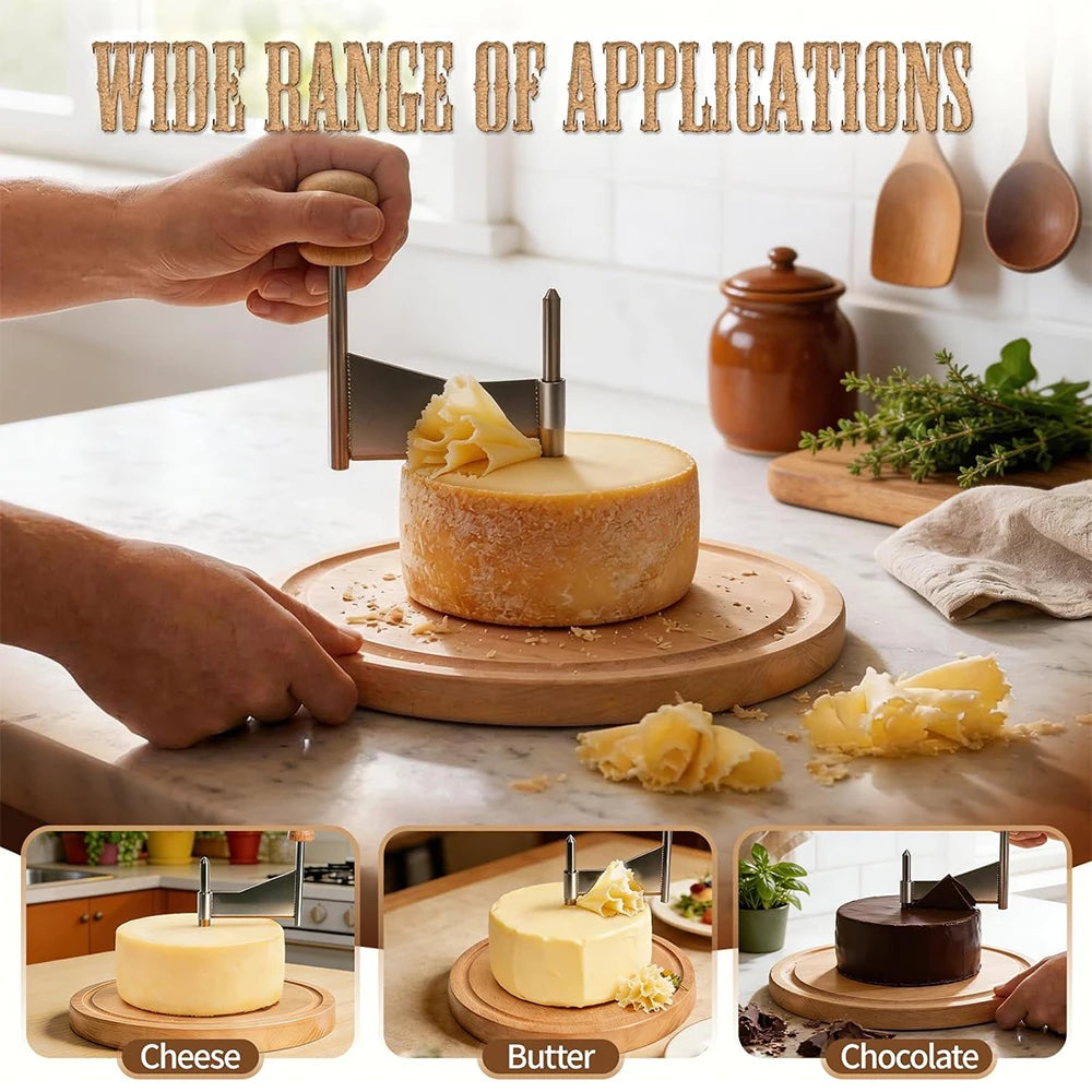 Stainless Steel Cheese Curler Wheel with Wooden Base – Rotary Cheese Shaver & Flower Slicer – Great for Cheese, Chocolate & Butter Curls