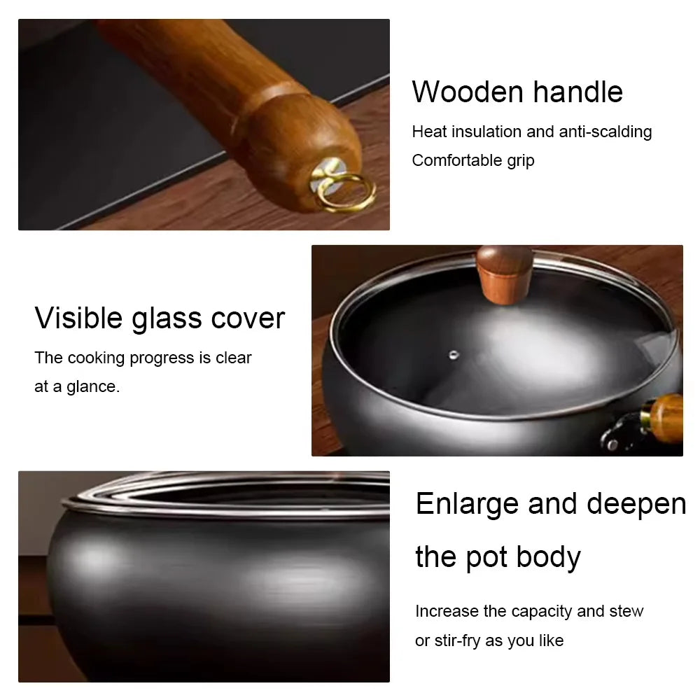 Deep Iron Wok with Wooden Lid – Hand-Hammered Uncoated Belly Wok for Stir-Frying, Stewing & Searing – Best for All Hobs (26cm)