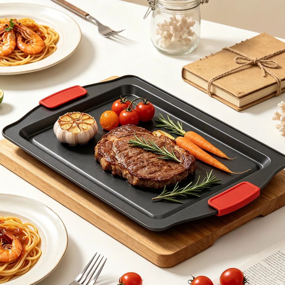 3 Piece Non-Stick Carbon Steel Baking Tray Set with Silicone Handles & Cookie Cutters – Best for Biscuits, Cakes & Roasting