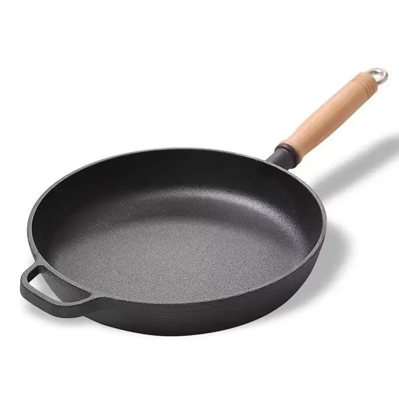 Old-Fashioned Pre-Seasoned Cast Iron Pan with Wooden Handle – Flat-Bottomed Design for Superior Heat Retention & Even Distribution – Uncoated Non-Stick Surface Ideal for Searing, Sautéing, Pan-Frying & Stir-Frying