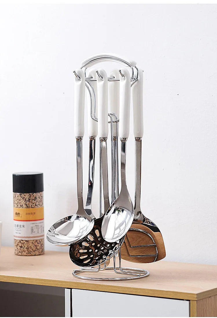 7-Piece Stainless Steel Kitchen Utensil Set with Ceramic Handle – Heat Resistant, Easy to Clean, Great for Cooking, Serving, and Everyday Kitchen Use
