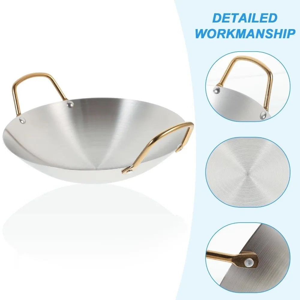 Stainless Steel Wok with Golden Dual Handles – Thick, Durable Chef’s Cooking Wok Pan – Perfect for Stir-Frying, Deep-Frying, Steaming, Boiling, Searing, Smoking & More – Available in 22cm, 24cm, 26cm, 28cm & 30cm Size
