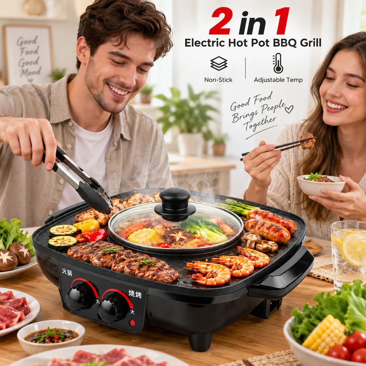 2-in-1 Electric Hot Pot & BBQ Grill – 1360W Smokeless Non-Stick Grill Pan with Dual Temperature Control – Perfect for Hot Pot Nights & Indoor Parties