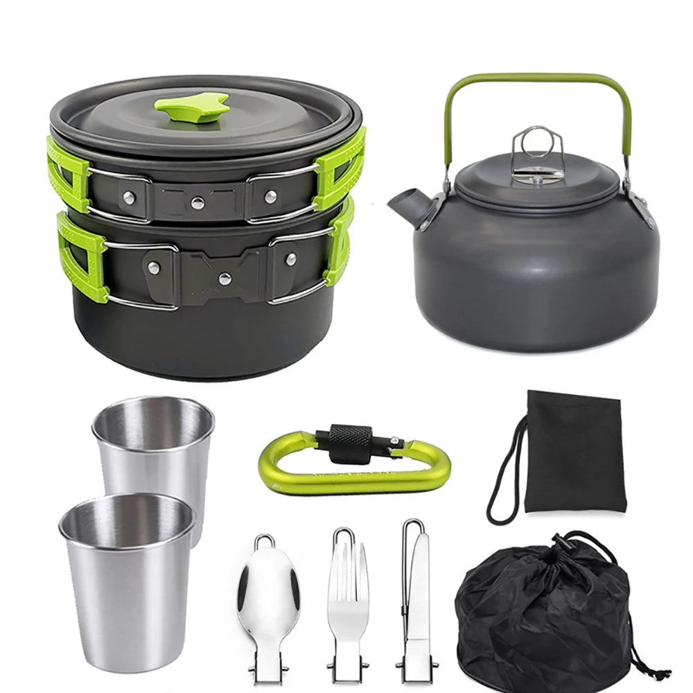 10 Piece Non-Stick Camping Cookware Kit – Aluminium Pot, Frying Pan & Kettle with Folding Handles – Great for Hiking, Picnics & Camping for 1–2 People