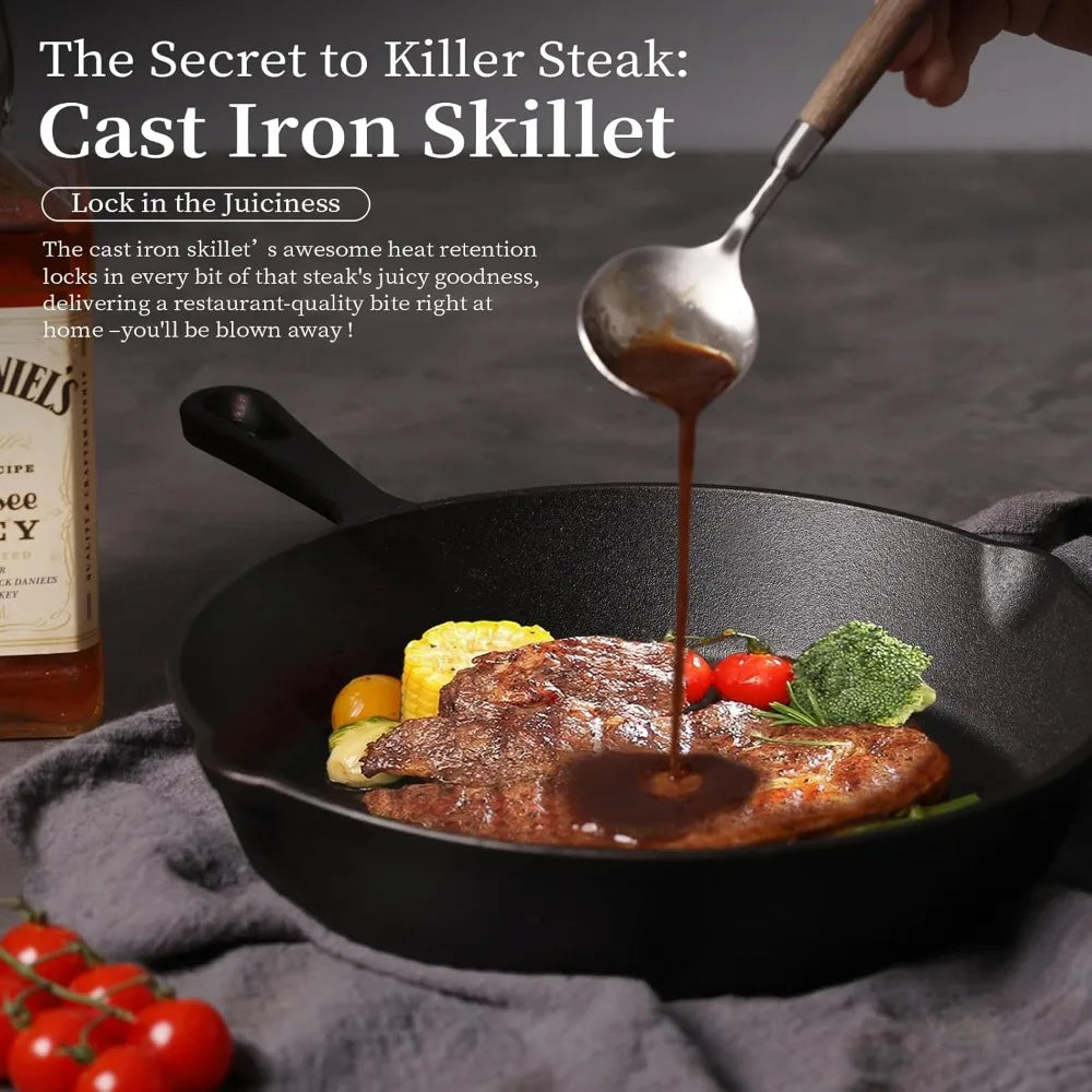Cast Iron Skillet – Round Non-Stick Frying Pan for Hob, Grill & Campfire – Perfect for Steaks, Eggs & Fry-Ups (25cm)