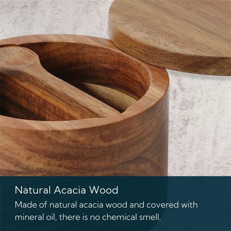 Acacia Wood Salt Box with Swivel Lid & Spoon – Salt & Pepper Cellar Seasoning Container – Great for Keeping Salt & Spices by the Hob