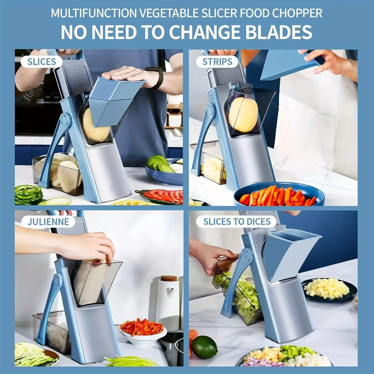 Adjustable Safety Vegetable Slicer with 4 Cutting Modes – Hands-Free Blade Mandoline, Dicer & Julienne Maker – Great for Quick Family Meal Prep – Available in Blue & Blue Colours