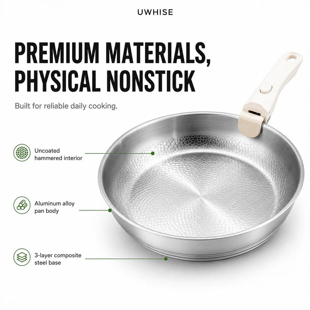 Hammered Stainless Steel Frying Pan with Detachable Handle – 3-Ply Uncoated Space-Saving Skillet – Best for Searing, Sautéing & Oven to Table – Available in 26cm, 28cm & 30cm