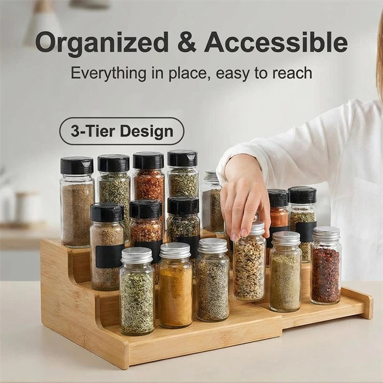 3 Tier Expandable Bamboo Spice Rack – Cabinet Spice Shelf & Seasoning Organiser Stand – Perfect for Kitchen Cupboards & Worktops