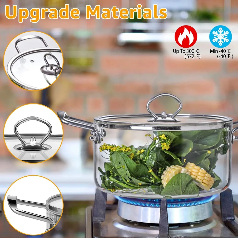 3.5L Transparent Glass Stockpot with Lid – Gold-Toned Stainless Steel Double Handles, Heat-Resistant & See-Through Cooking Pot Ideal for Stews, Soups, Pasta, Milk & More – Safe for Gas & Induction – Available in Gold-Toned or Silver-Toned Handle and Lid