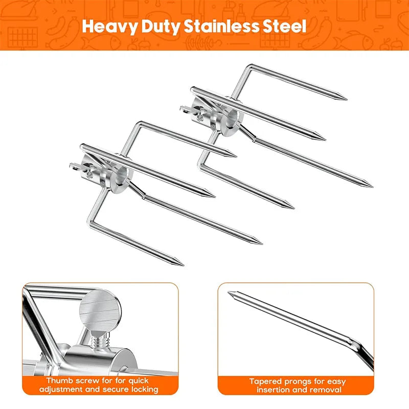 2 Piece Heavy-Duty Stainless Steel Rotisserie Forks – Grill Spit Meat Forks for 3/8 & 5/16 Inch Square Spit Rods – Best for BBQ Rotisserie Roasting