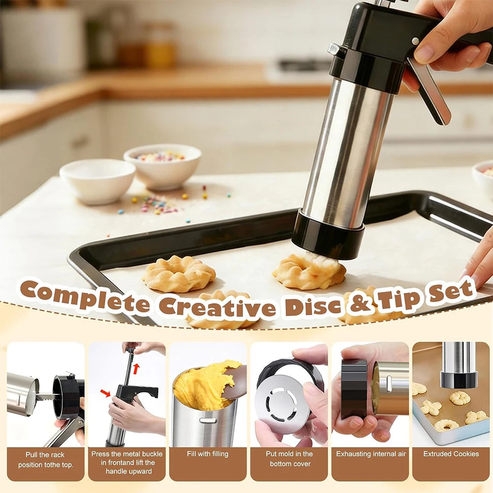 3-in-1 Stainless Steel Churro Maker & Cookie Press Kit – Spritz Biscuit Gun with Moulds – Great for Churros, Biscuits & Piped Desserts