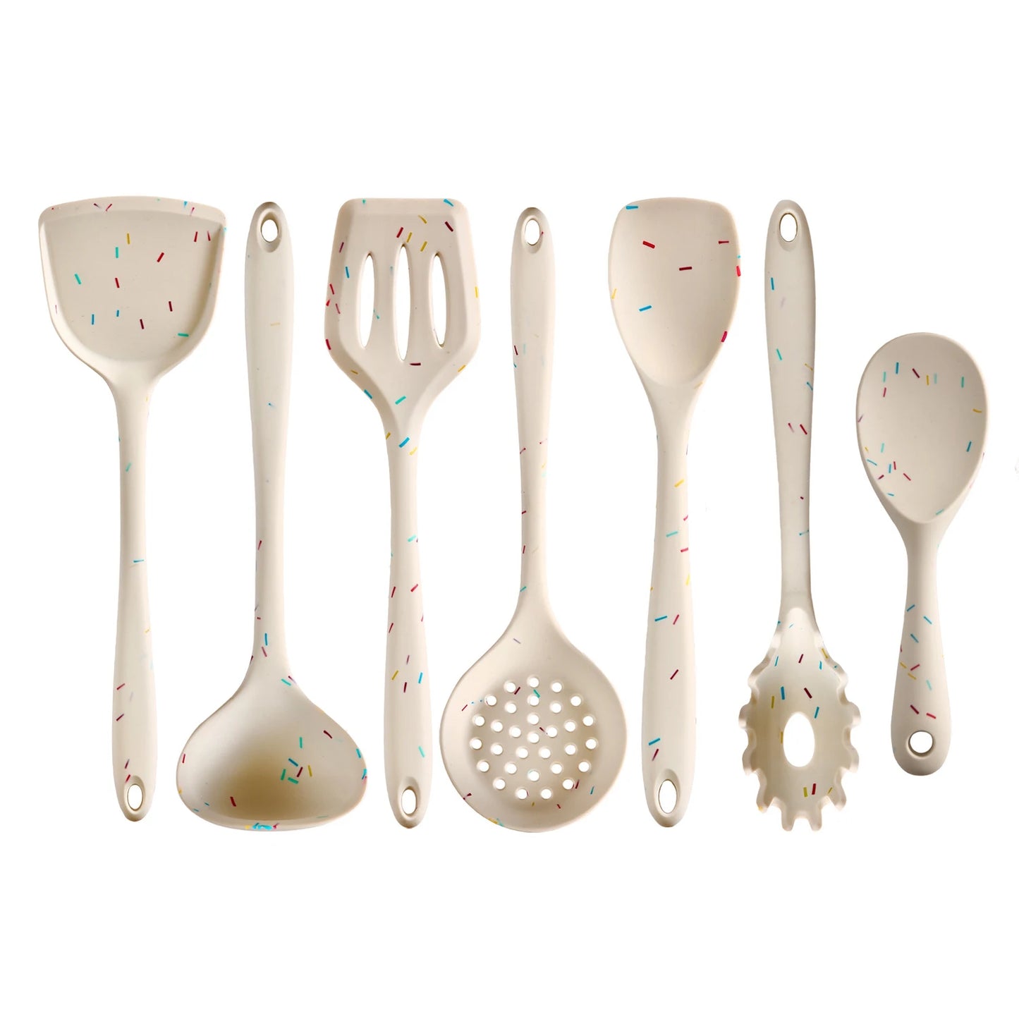 7-Piece Silicone Cooking Utensil Set – Food-Grade Silicone, Long Handle Soup Ladle, Skimmer, Stir Fry Spatula, Slotted Spatula, Spaghetti Server, Rice Spoon, Spoon Spatula, High Temperature Resistant, Great for Cooking and Baking