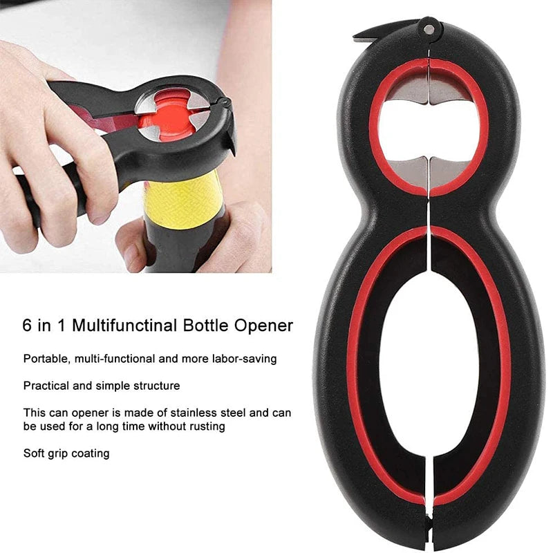 6-in-1 Multi-Function Can, Jar & Bottle Opener – Twist-Off Lid Gripper & Can Tapper – Ideal for Opening Stubborn Jars, Cans & Bottles