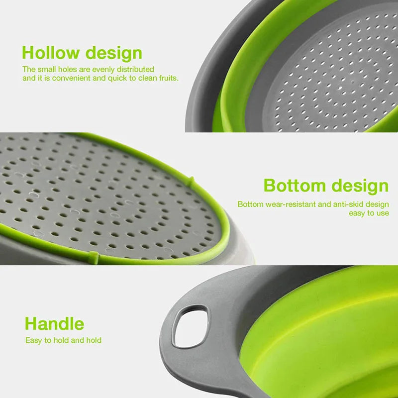 Round Folding Colander Basket – Collapsible Fruit & Vegetable Cleaning & Drainage Basket – Perfect for Rinsing Produce & Draining Pasta – Available in Green, Orange & Red Colours