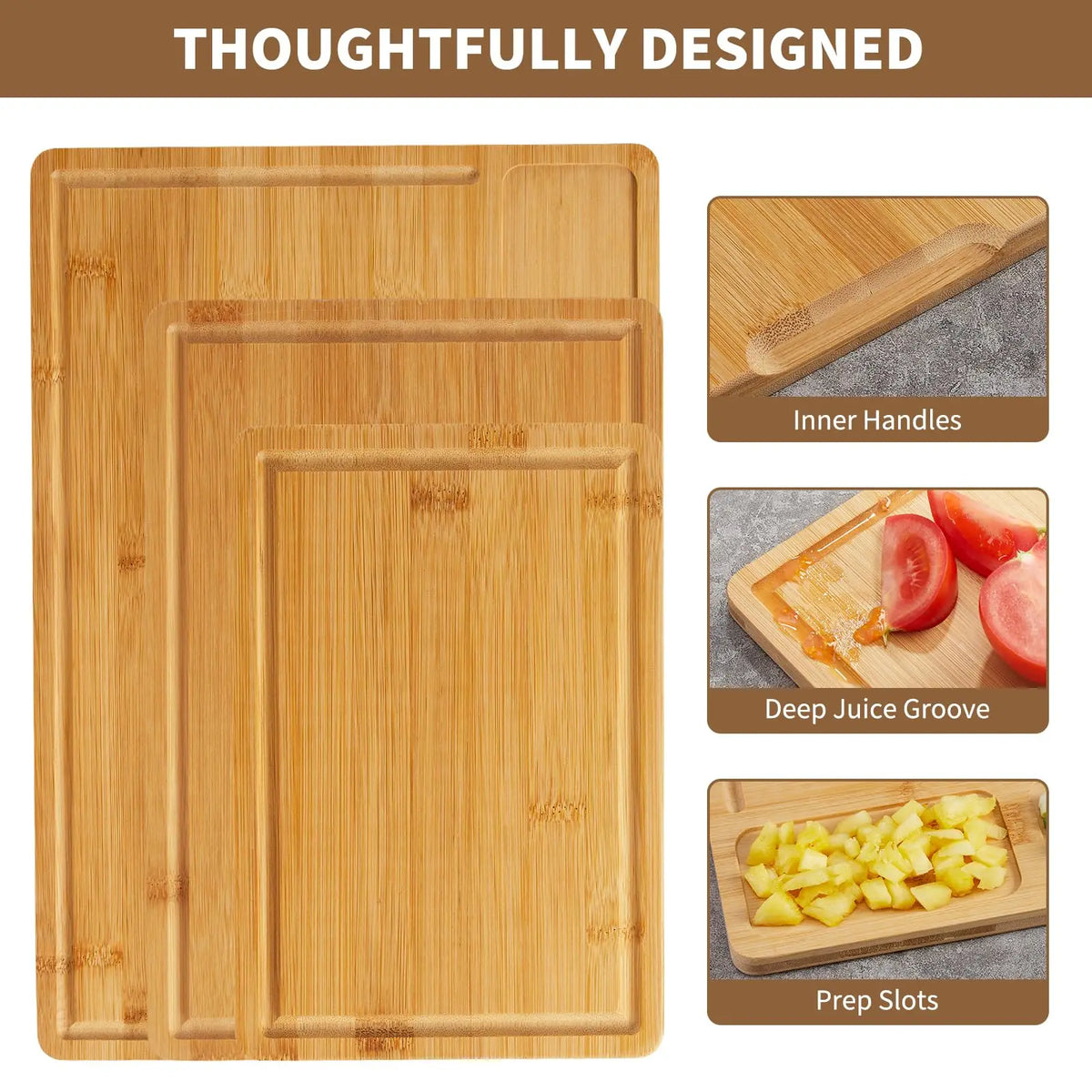 Bamboo Chopping Board Set of 3 – Pre-Oiled Reversible Boards with Juice Grooves, Handles & Prep Slots – Best for Everyday Chopping & Serving