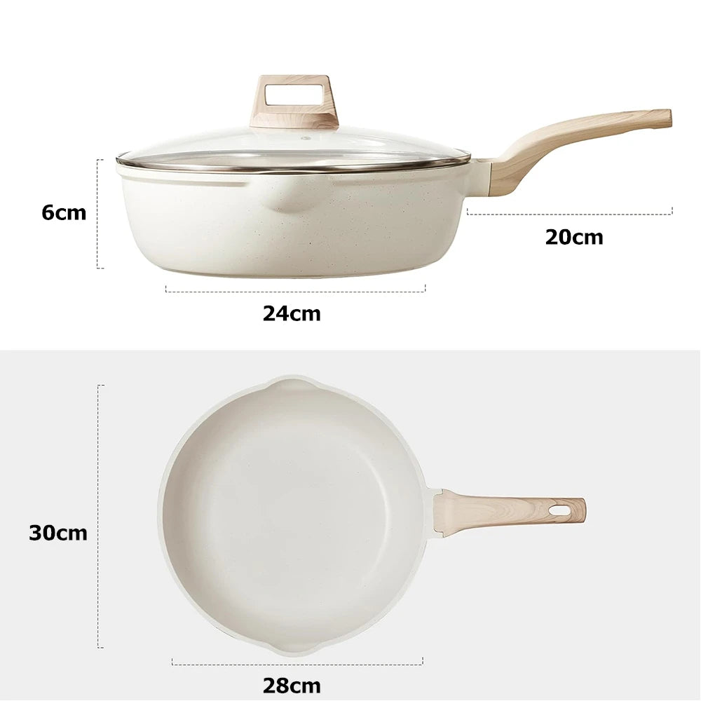 Granite Non-Stick Frying Pan with Glass Lid & Wood Grain Handle – Durable 3-Layer Cooking Skillet for Eggs, Pancakes, Searing, Sauces & Daily Meals – Dual Pouring Spout– Induction, Gas, Ceramic & Electric Compatible – Available in 20cm, 24cm, 28cm